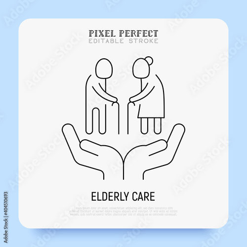 Elderly people care. Nursing home super thin line icon. Geriatric medicine. Pixel perfect, editable stroke. Vector illustration.