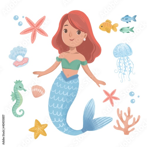 Cartoon little mermaid in the sea