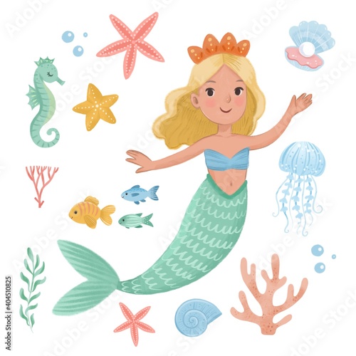 Cute mermaid and fish