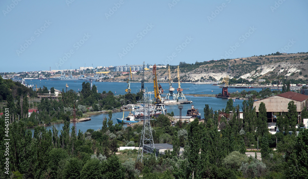 Panorama of Inkerman Bay with cranes, Crimea