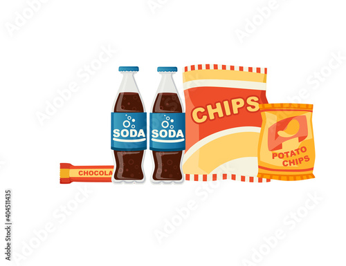 Soda potato chips and chocolate bar snack product set flat vector illustration on white background