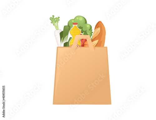 Set of healthy food vegetables and dairy products organic vegan food in paper bag abstract flat vector illustration on white background