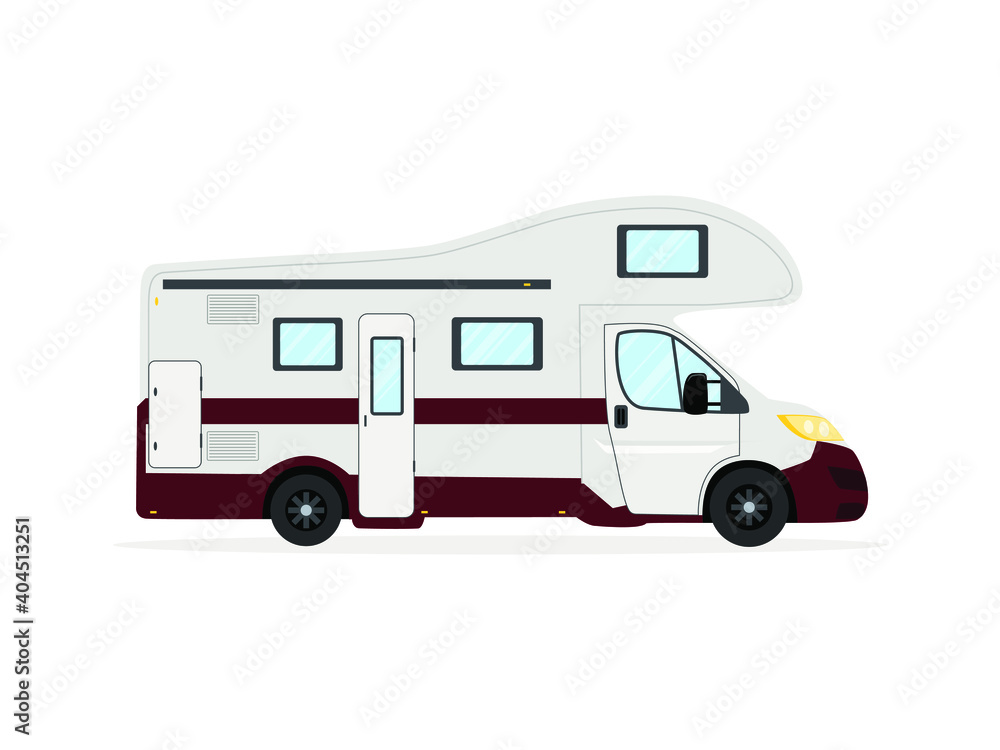 Camping trailer, travel mobile home,motor home on white color background in flat cartoon style.