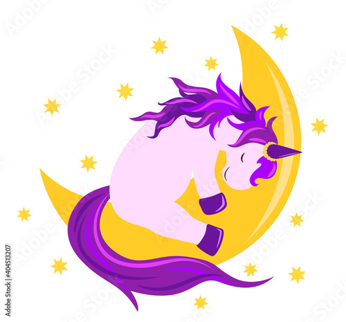 Funny unicorn surrounded by little stars hugging a big yellow moon on white background. Vector illustration 