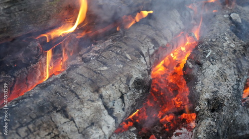 Hot coals, big fire, wood fire burning
