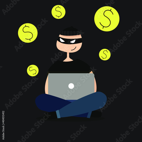An illustration of a caucasian internet scammer with a laptop. Flat design. Isolated.