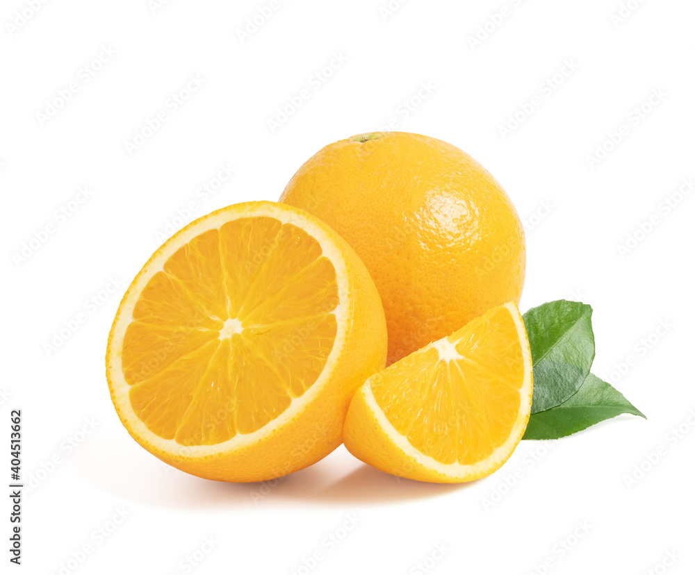 Orange fruit with cut half and slice with leaf isolated on white background, clipping path