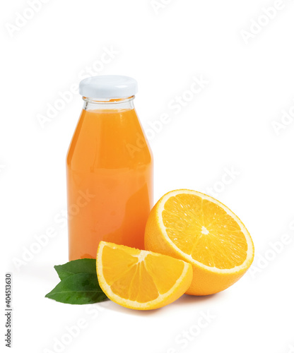 Fresh orange juice with fruits cut in half and sliced with green leaf isolated on white background, clipping path