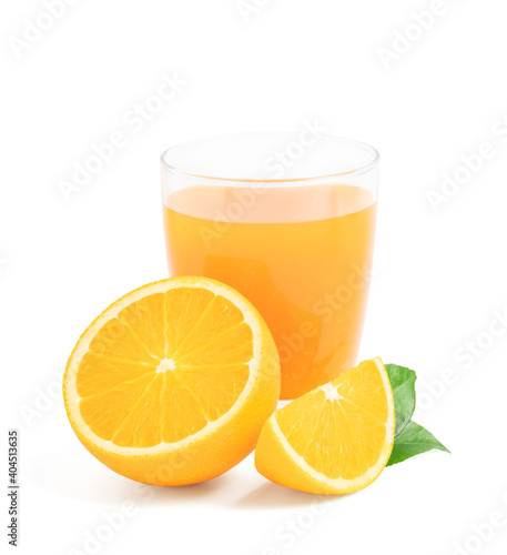 Glass of fresh orange juice with fruits cut in half and sliced with green leaf isolated on white background, clipping path