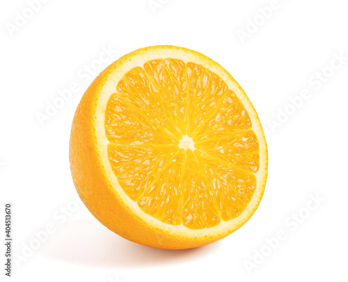 Orange fruit, cut slice half isolated on white background, clipping path