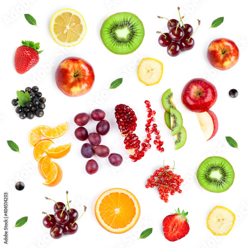 Fruits. Mixed fruits and berries on the white background. Fresh food. Word fruit. Background