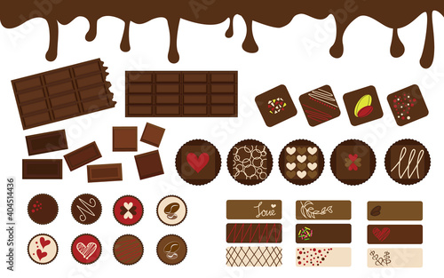 Set of Chocolate icons. Decorative Chocolates illustration for web, graphic design. Vector illustration. チョコレートイラスト、デコレーションチョコイラスト、バレンタインチョコイラスト、