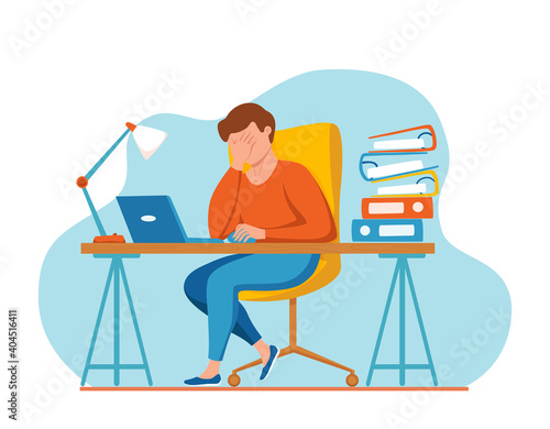 Professional burnout syndrome exhausted woman tired sitting at her workplace in office holding her head