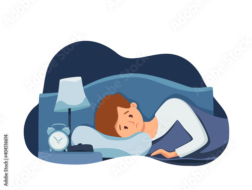 Sleepy awake man in bed suffers from insomnia. Vector illustration of tired exhausted sad guy insomniac trying fall asleep with open eyes in night bedroom flat cartoon style
