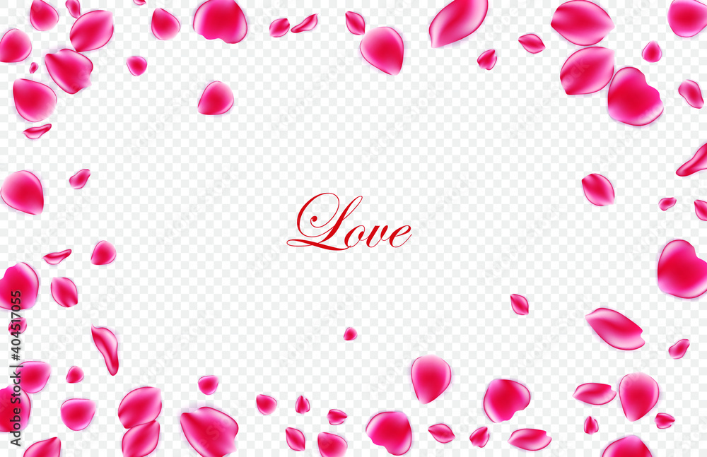 Valentines day festive background. Realistic red rose petals on background. Vector illustration.