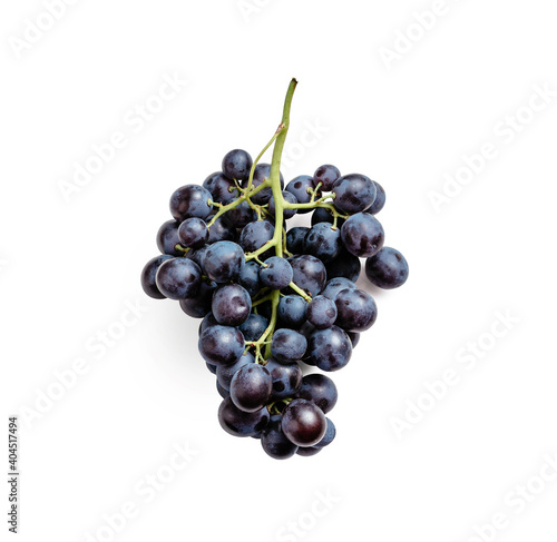 Bunch of dark organic ripe grapes on white background. Organic purple grape with fresh green vine, isolated on white with clipping path. Top view or flat lay