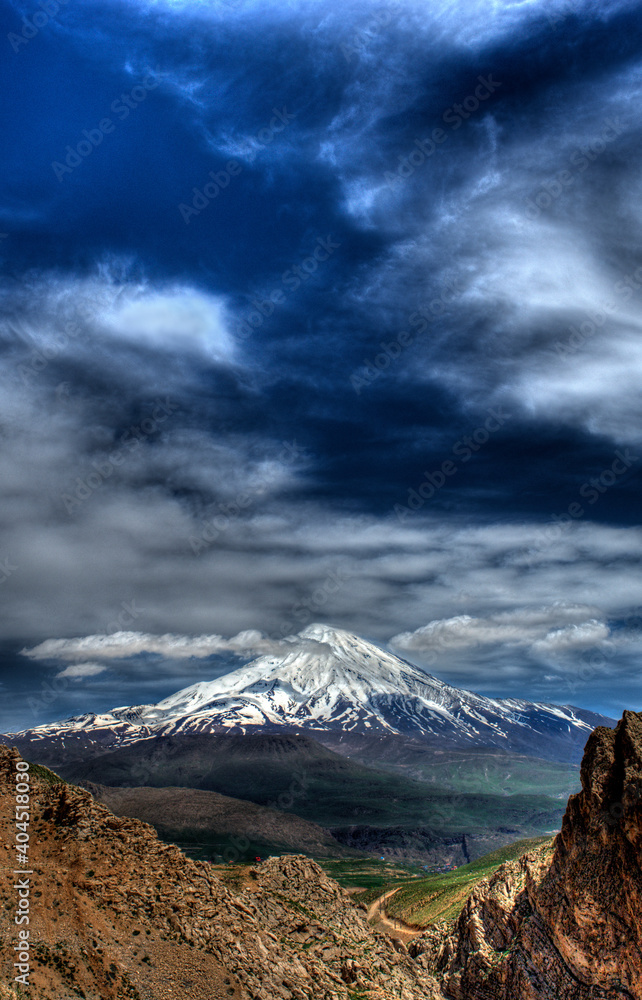 Vertical view of Damavand peak in Alborz mountains, Iran