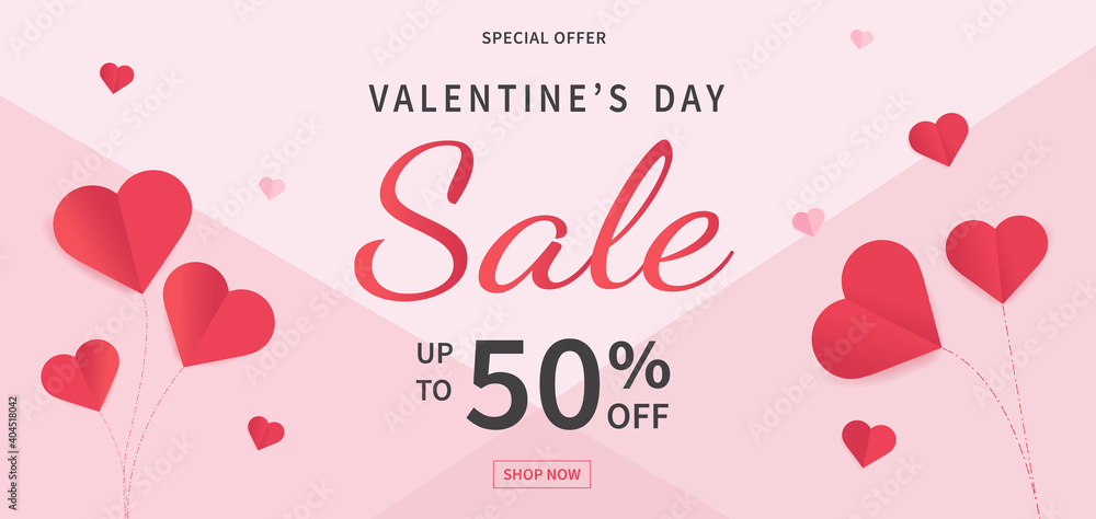 Valentine's day sale banner template. Valentine's Day with red paper hearts. Design for postcards, flyers, advertising. Vector illustration.