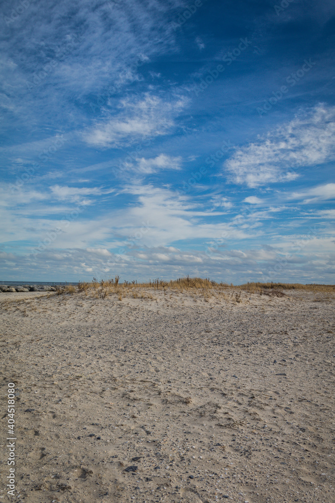 Beach and sand dunes at Barnegat, NJ, on a brisk winter day under blue cloudy sky Beach and sand dunes at Barnegat, NJ, on a brisk winter day under blue cloudy sky