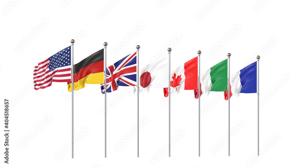 Online summit. G7 flags Silk waving flags of countries of Group of Seven : Canada, Germany, Italy, France, Japan, USA states, United Kingdom 2020. Big Seven. Isolated on white. 3D illustration. Online summit. G7 flags Silk waving flags of countries of Group of Seven : Canada, Germany, Italy, France, Japan, USA states, United Kingdom 2020. Big Seven. Isolated on white. 3D illustration.