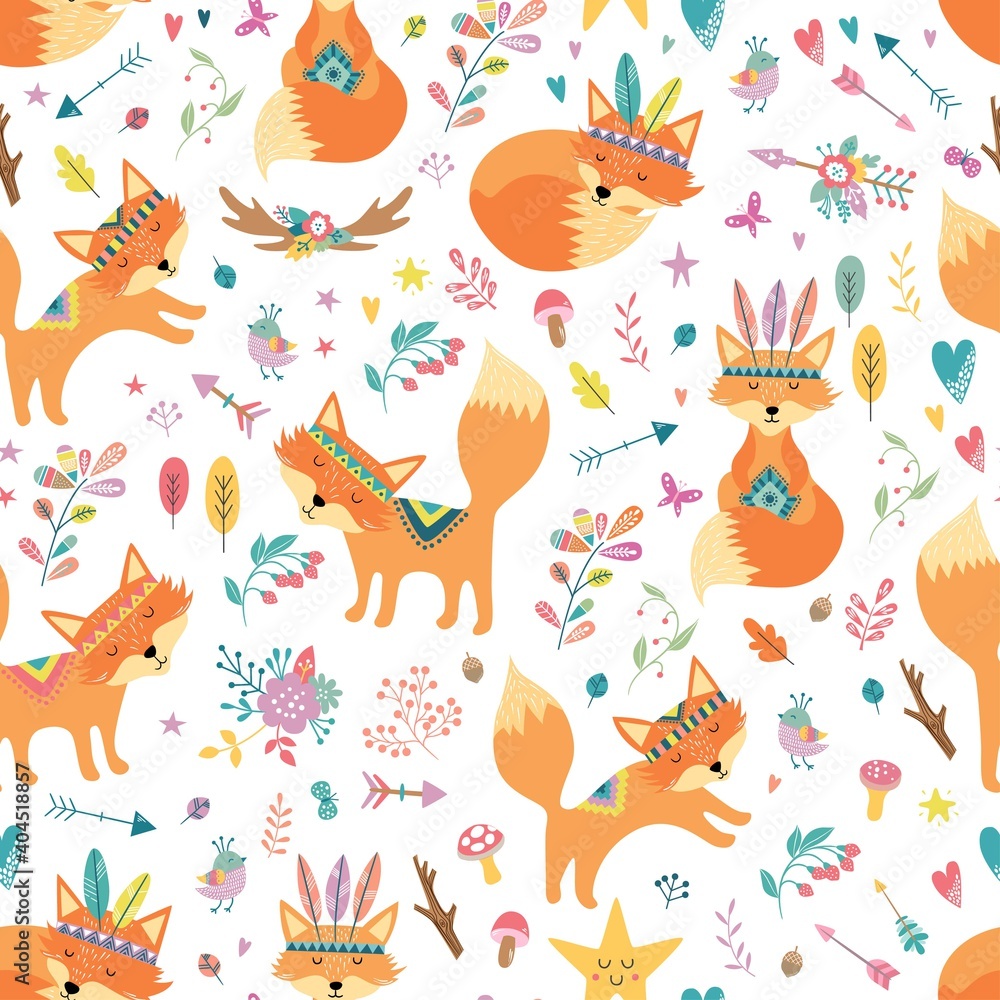 Childish seamless vector pattern with cute foxes in cartoon style. Creative vector childish background for fabric, textile, apparel. Hand draw doodle art illustration.
