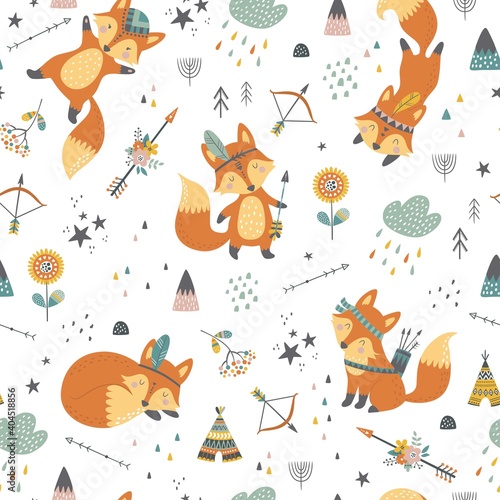 Childish seamless vector pattern with cute foxes in cartoon style. Creative vector childish background for fabric  textile  apparel. Hand draw doodle art illustration. 