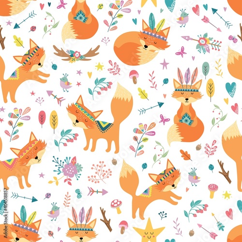 Childish seamless vector pattern with cute foxes in cartoon style. Creative vector childish background for fabric, textile, apparel. Hand draw doodle art illustration. 