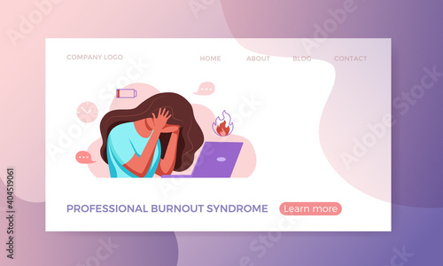 Professional burnout syndrome exhausted woman tired sitting at her workplace in office holding her head