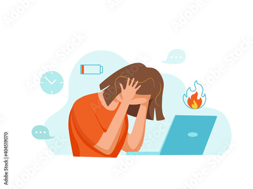 Professional burnout syndrome exhausted woman tired sitting at her workplace in office holding her head