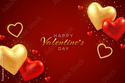 Valentines day sale banner with shining realistic red and gold 3d balloons hearts with glitter texture and confetti. Background, flyer, invitation, poster, brochure, greeting card. Vector illustration