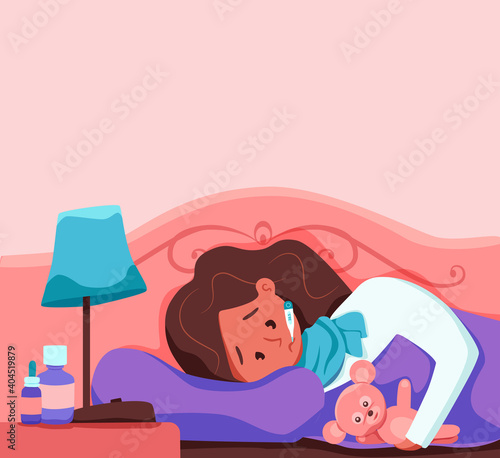 Sick child with fever with thermometer in mouth vector illustration.