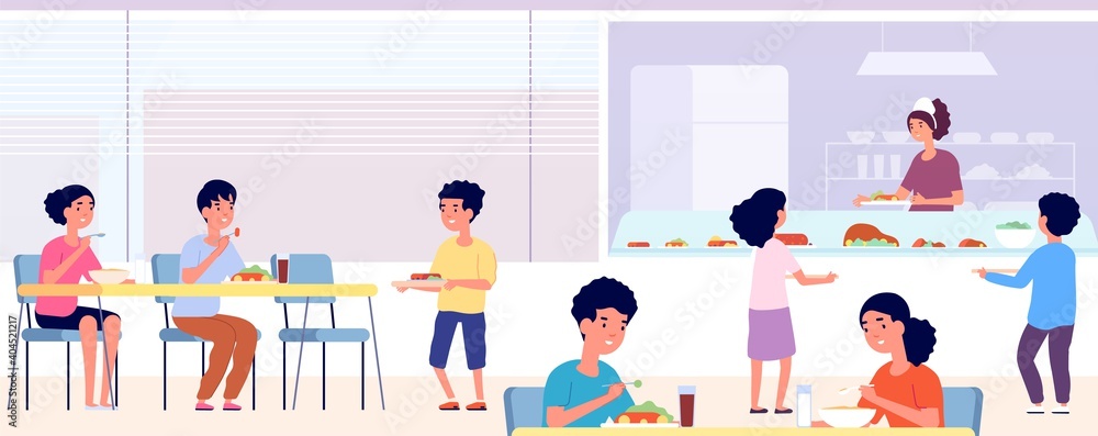 School canteen. Kids lunch, eating cafeteria room with friends. Students food drink in cafe. Public college dining hall vector concept. Canteen lunchtime children, university breakfast illustration School canteen. Kids lunch, eating cafeteria room with friends. Students food drink in cafe. Public college dining hall vector concept. Canteen lunchtime children, university breakfast illustration