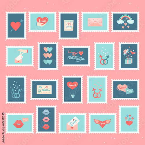 Set of cute and romantic hand-drawn post stamps. Mail and post office conceptual drawing. Trendy cute elements. Love and Valentines day concept. Hand drawn designs for greeting cards, print, web.