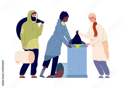 Poor people in trash can. Refugee problems, man woman find food or clothes. Homeless vector characters. Illustration people dirty and homeless, beggar homelessness