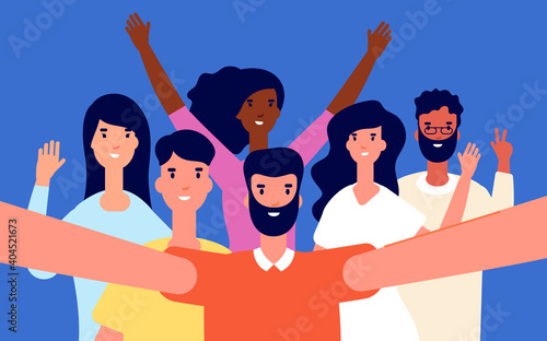 Friends selfie. People group shooting, men women camera taking photo. Smiling girls, happy video blogger or utter friendship vector concept. Illustration selfie by smartphone, friendship photo