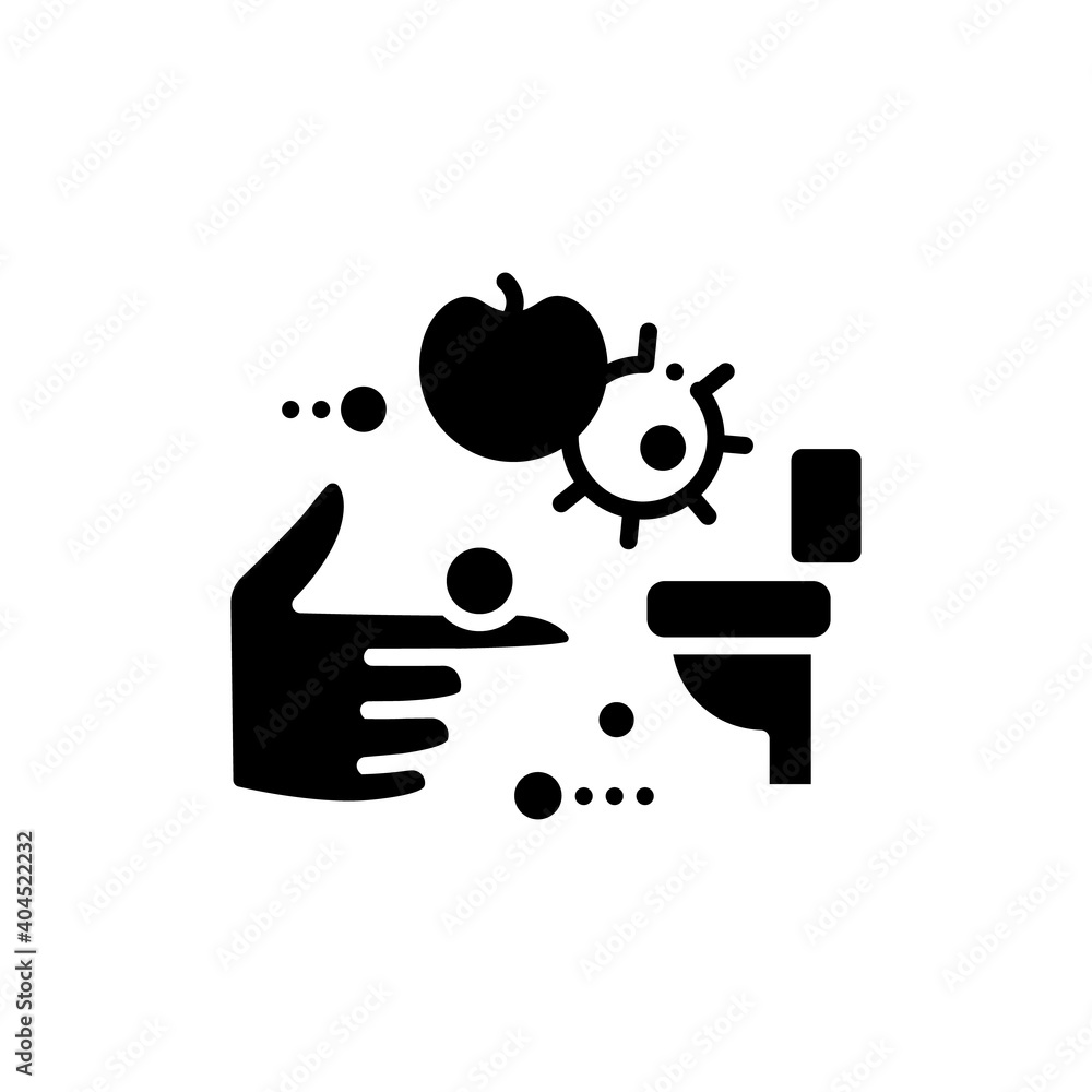 Fecal-oral spread glyph icon. Disease spreading concept. Covid19, foodborne bacterial infection, rotavirus transmission. Contagious toilet. Food hygiene. Isolated vector illustration Fecal-oral spread glyph icon. Disease spreading concept. Covid19, foodborne bacterial infection, rotavirus transmission. Contagious toilet. Food hygiene. Isolated vector illustration