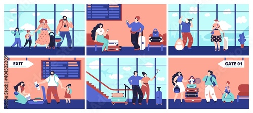 Airport tourist. Couple travellers, girl friends with baggage waiting flight. Family journey, happy people decent vacations vector concept. Illustration boarding and waiting in terminal airport
