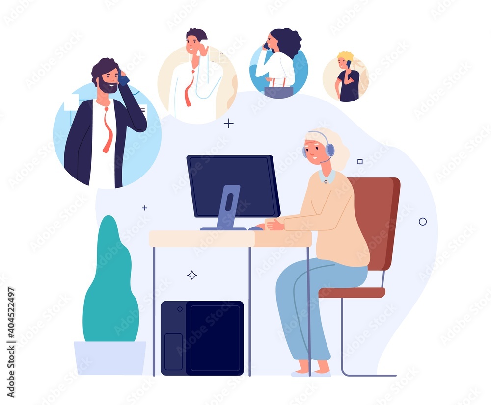 Call center operator queue. Support waiting line, people help or faq. Woman work, customer manager at computer desk with headphones vector concept. Illustration customer support, queue to helpdesk