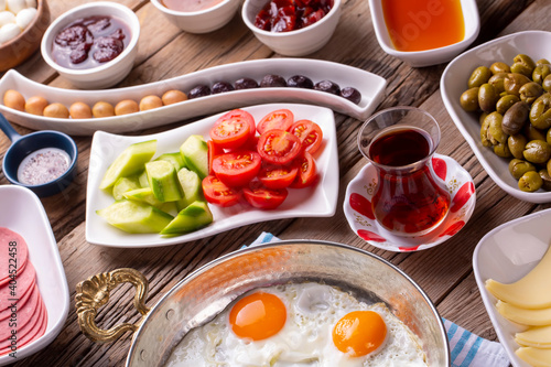 Traditional delicious Turkish breakfast, food concept photo