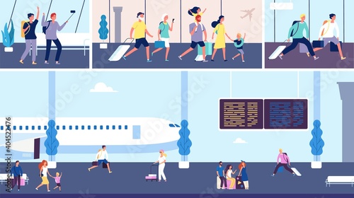 Airport passengers. Travellers in terminal, tourists with luggage going. Family vacations, man woman children and grandparents vector characters with bags. Family traveller with baggage illustration
