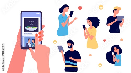 Share info. Social media concept, people with smartphones likes photos. Modern communication vector illustration. Mobile social phone share page