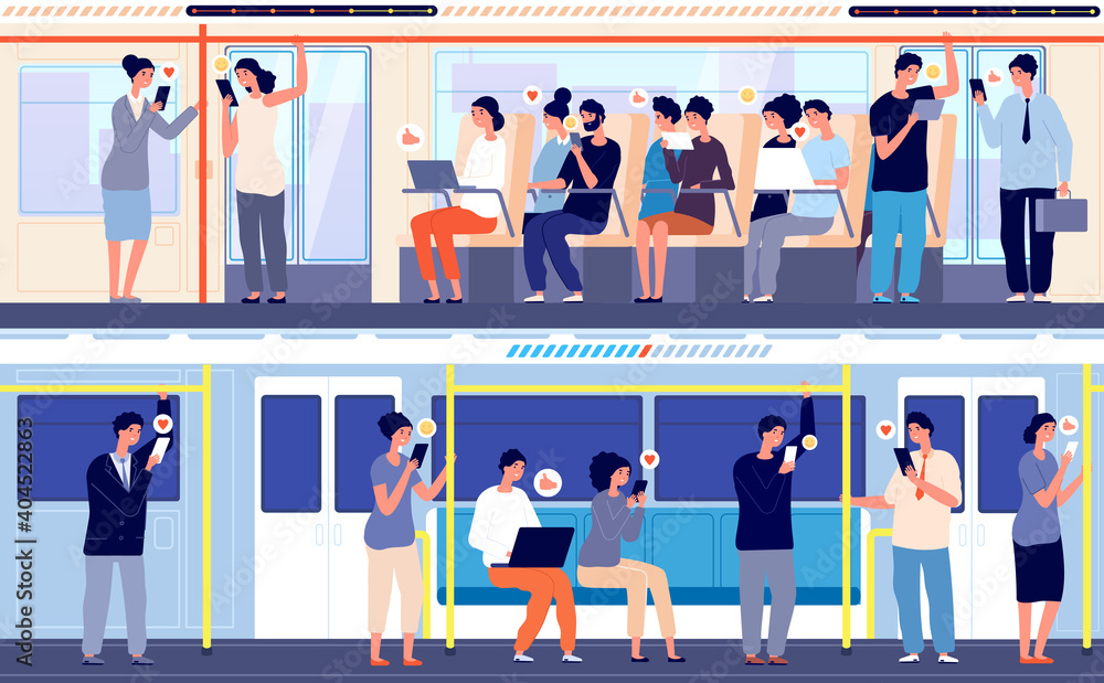 People in public transport. Crowd in train, person using gadgets in subway bus. City transportation, no utter social distance vector concept. Illustration public in transport, transportation city People in public transport. Crowd in train, person using gadgets in subway bus. City transportation, no utter social distance vector concept. Illustration public in transport, transportation city
