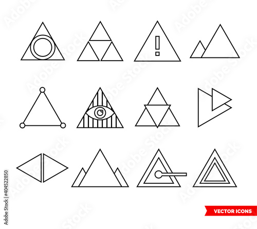 Triangle icon set of outline types. Isolated vector sign symbols. Icon pack.