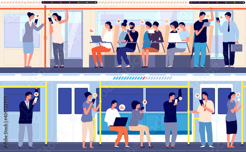 People in public transport. Crowd in train, person using gadgets in subway bus. City transportation, no utter social distance vector concept. Illustration public in transport, transportation city