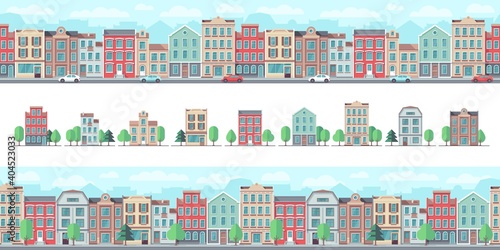 European city street. Cute suburban buildings, country houses. Town walking, downtown seamless pattern and real estate vector elements. Street town, city neighborhood suburban panorama illustration
