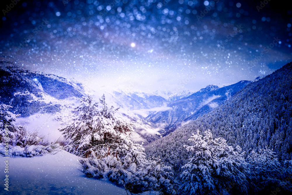 Beautiful landscape snow mountains at night on blue cloud and star background. Dark winter forest background at night. Soft focus background, double exposition.