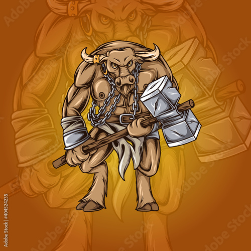 Minotaur holding hammer illustration. Minotaur cartoon character. Minotaur mascot vector