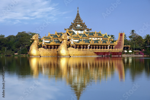 Burmese royal barge Golden Karaweik palace on Kandawgyi Lake in Bogyoke Park in Yangon, Myanmar (Burma) 