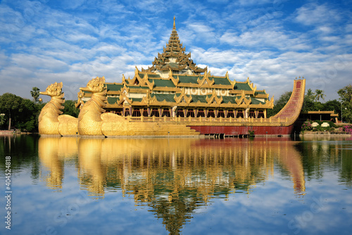 Burmese royal barge Golden Karaweik palace on Kandawgyi Lake in Bogyoke Park in Yangon, Myanmar (Burma)
 photo