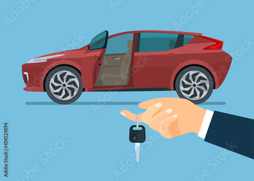 Modern car with driver's door open during purchase or lease. The hand holding the car key. Vector flat illustration.